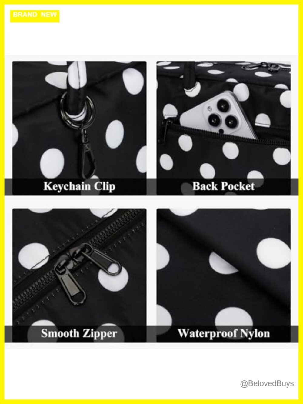 Nylon Polka Dot Bowler Top Handle Tote Bag with Key Leash - Picture 6 of 7
